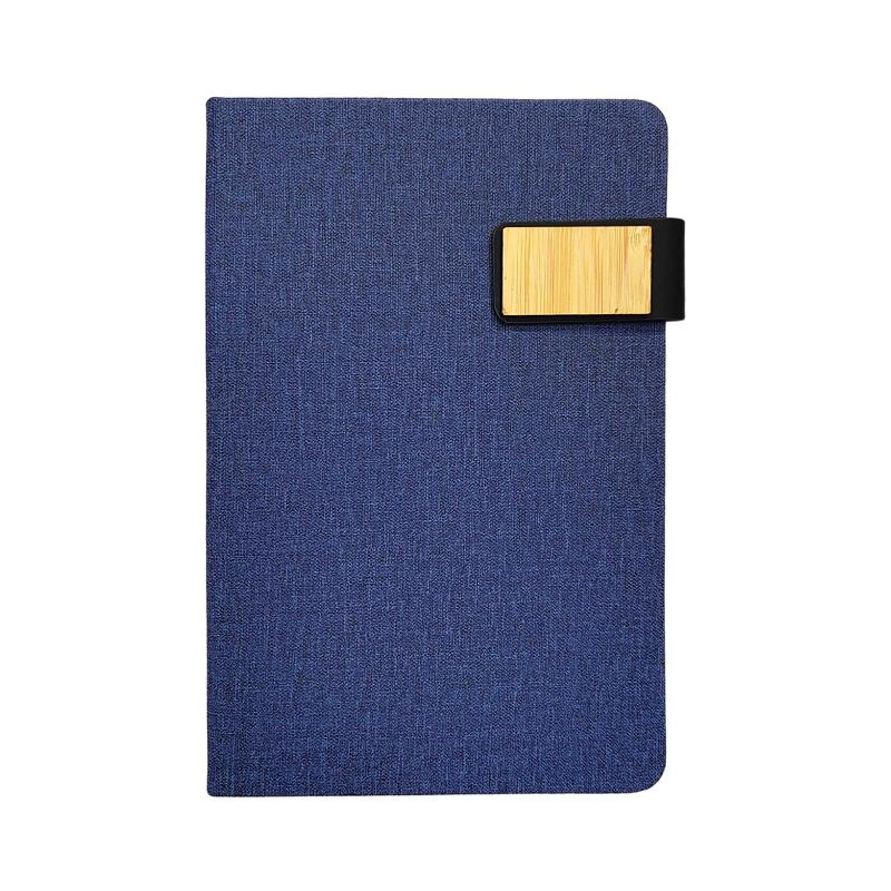 Blue - RPET Fabric Notebook With Bamboo Magnetic Enclosure & Pen Loop